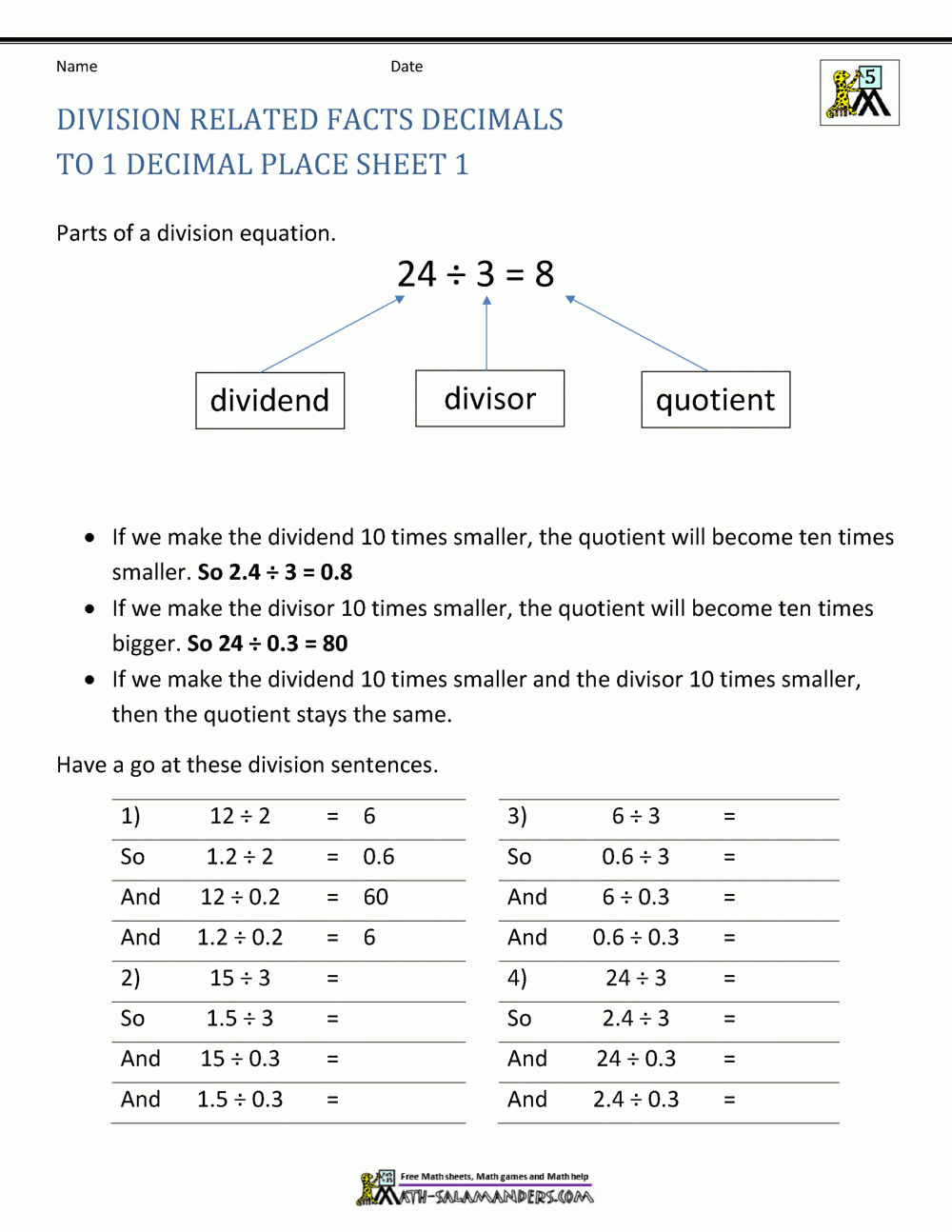 Decimal Division Worksheets Division With Decimals Worksheets 