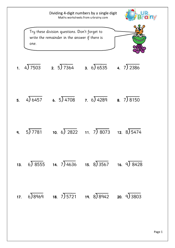 Divide 4 digit Numbers By A Single Digit Division Maths Worksheets 