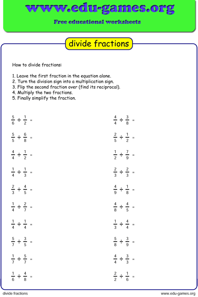 Dividing Fractions Using Models Worksheet