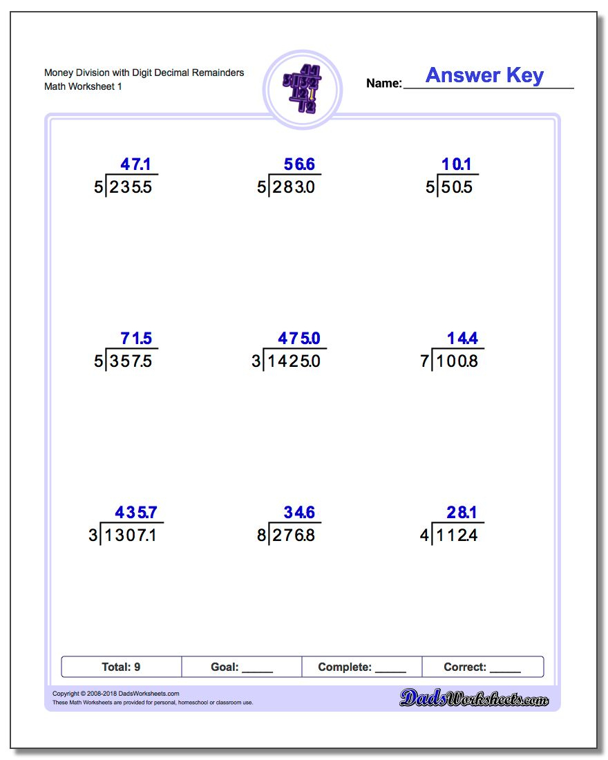 Dividing Hundredthsa Whole Number A Printable Decimal Division 