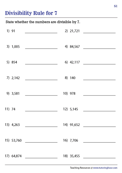 Divisibility Rule For 7 Worksheets