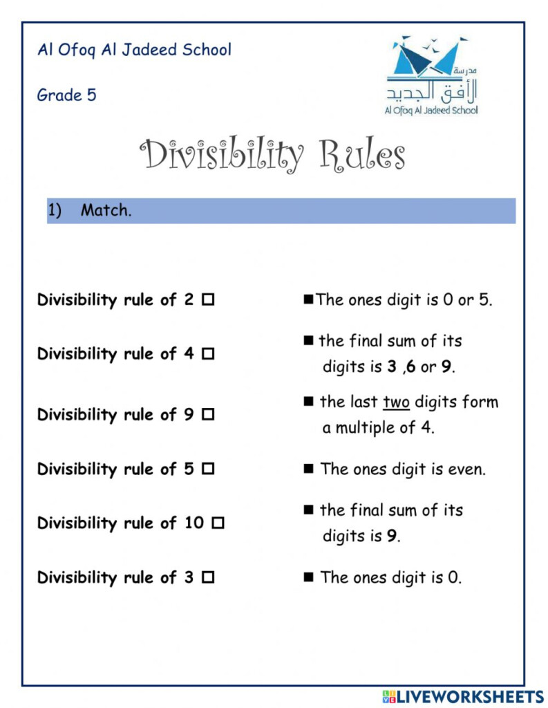 Divisibility Rules Online Exercise For Grade 5