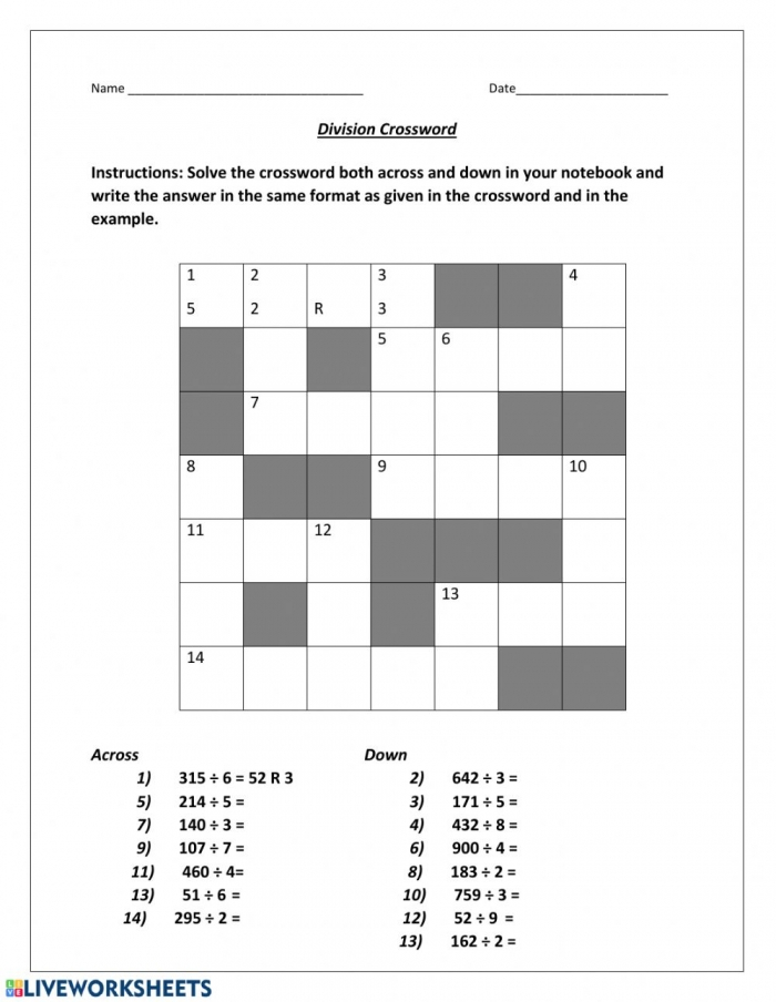 Division Crossword Worksheets 99Worksheets