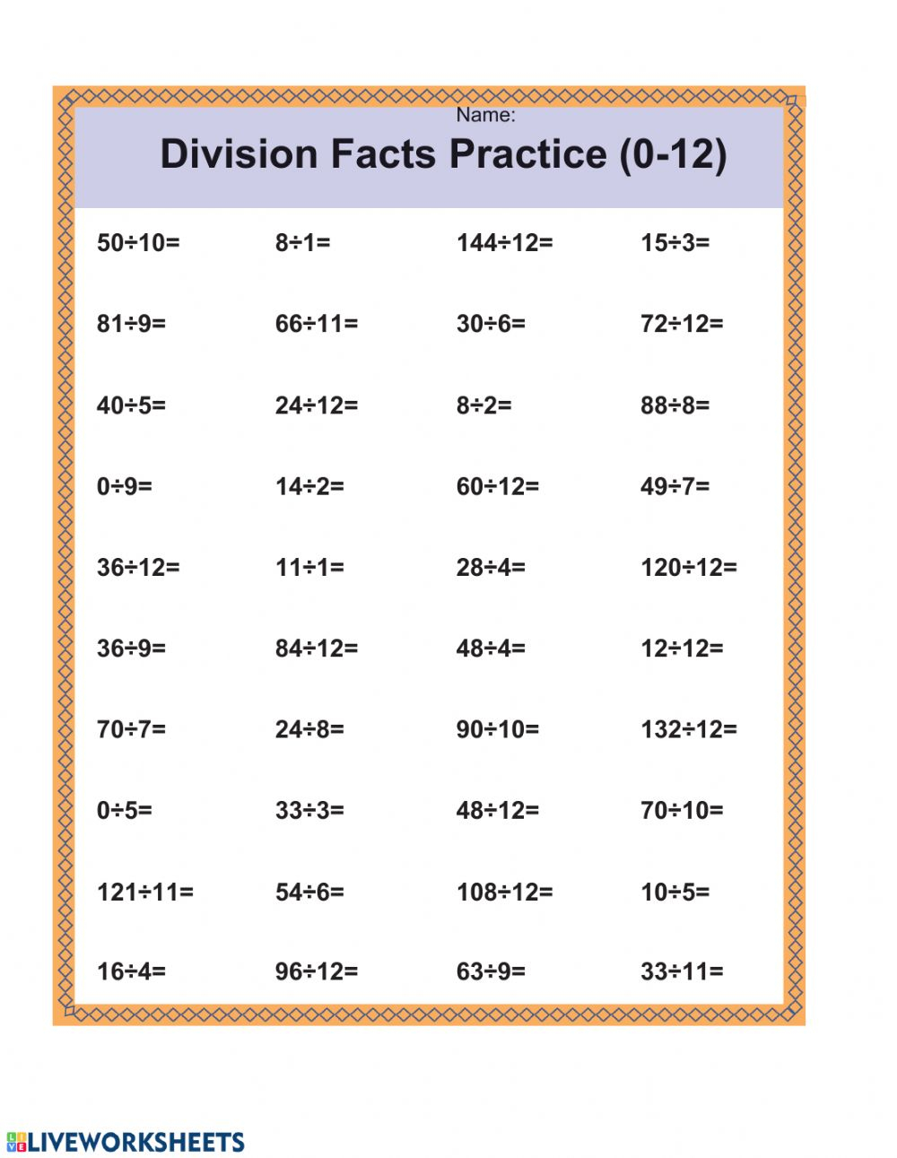 Division Facts 0 12 Printable Printable Word Searches