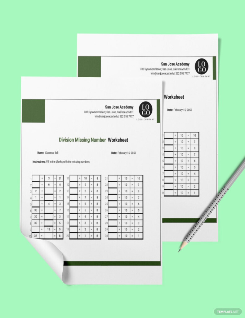 Division Missing Numbers Worksheet Template Google Sheets Excel 