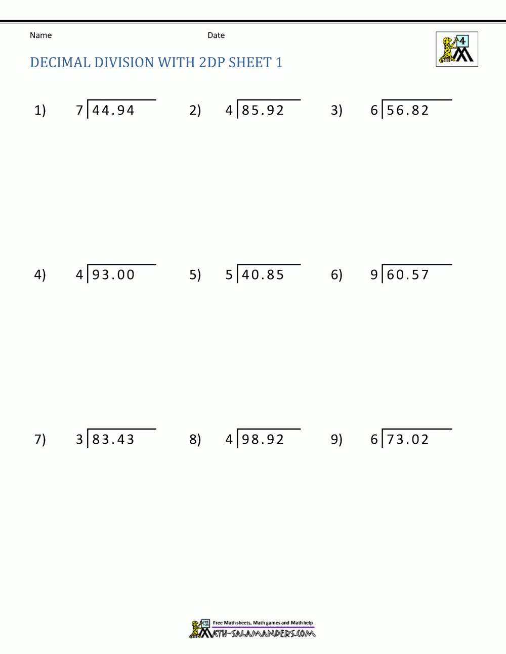 Division Of Decimal Numbers Worksheets