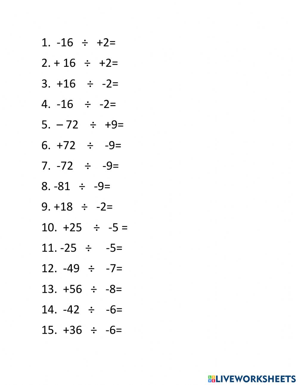 Division Of Integers Worksheet