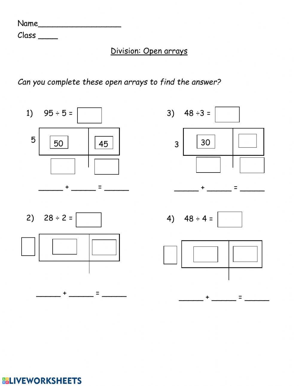 Division Open Arrays Worksheet