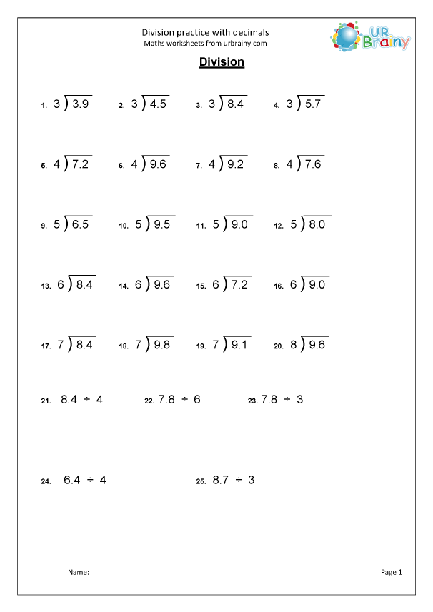 Division Practice With Decimals Division Maths Worksheets For Year 5