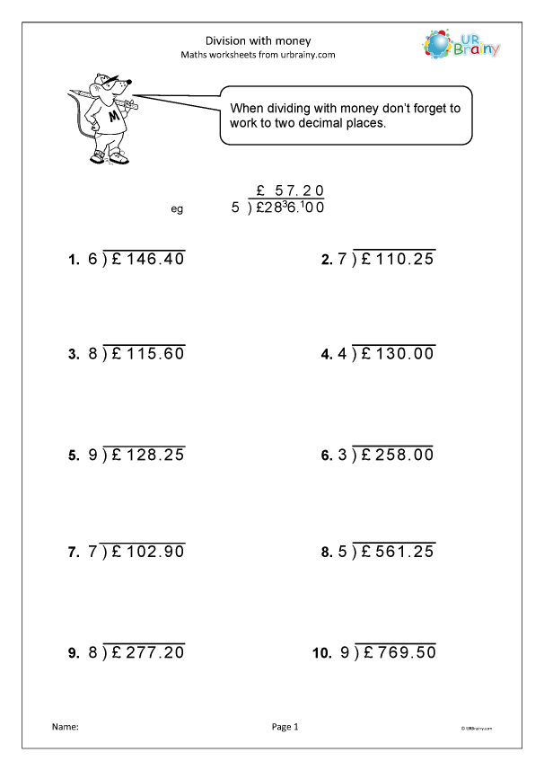 Division With Money Notation Worksheets K5 Learning Division Of Money 