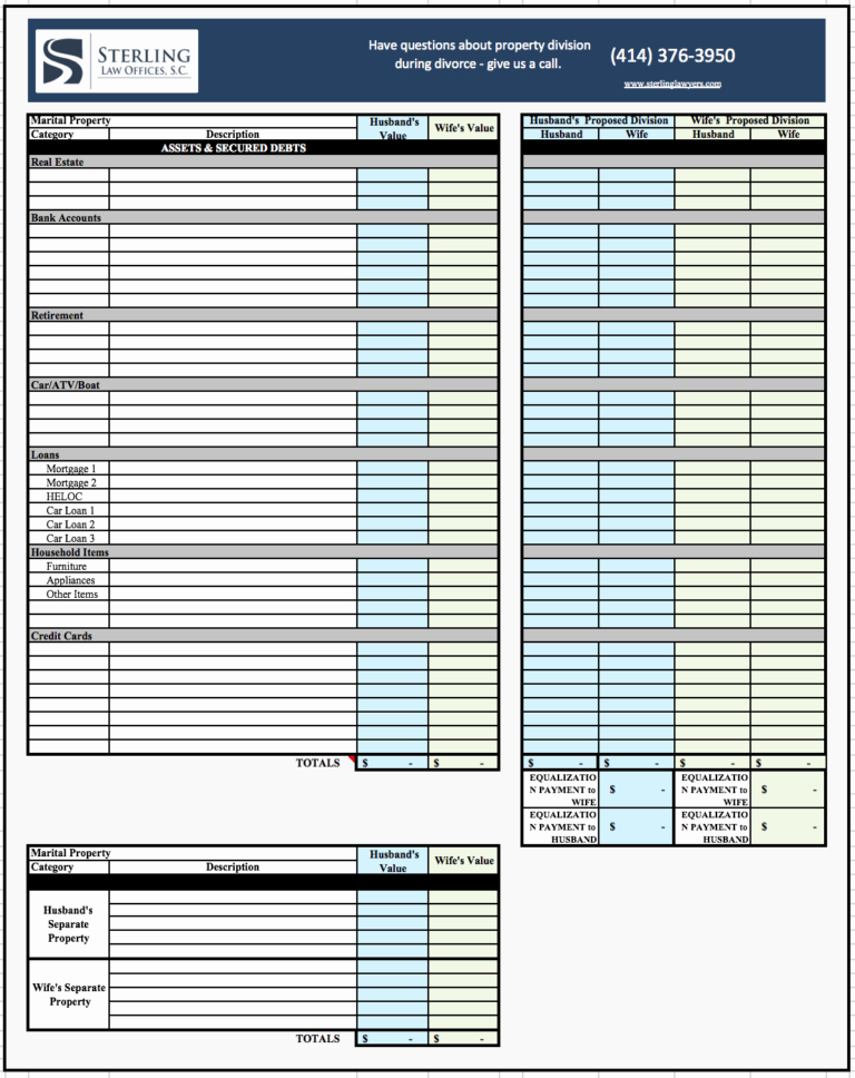 Divorce Spreadsheet Or Wisconsin Property Division Worksheet Db excel