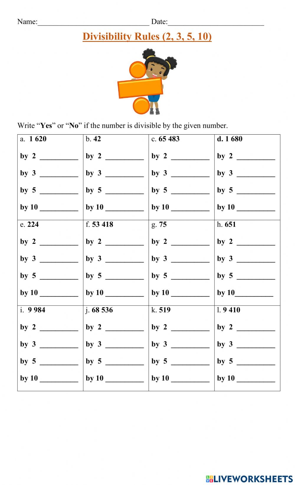 Ejercicio De Divisibility Rules 2 3 5 10