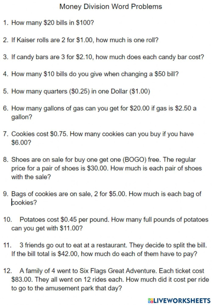 Ejercicio De Money Division Word Problems