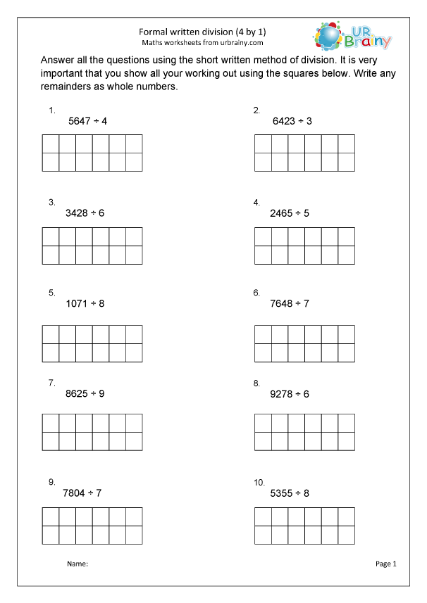 Formal Written Short Division 4 By 1 Division Maths Worksheets For