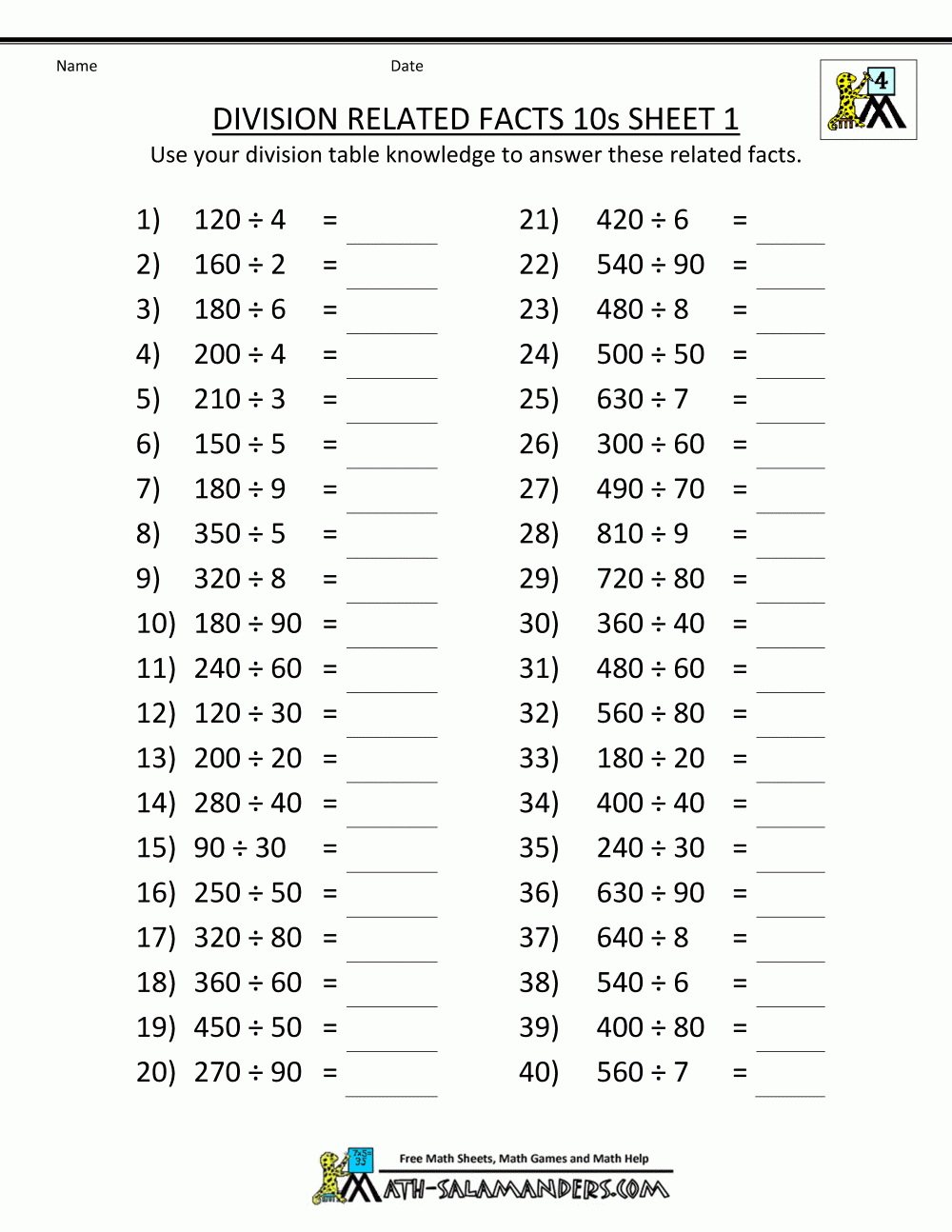 Fourth Grade Division Math Printable Worksheet Edumonitor Printable