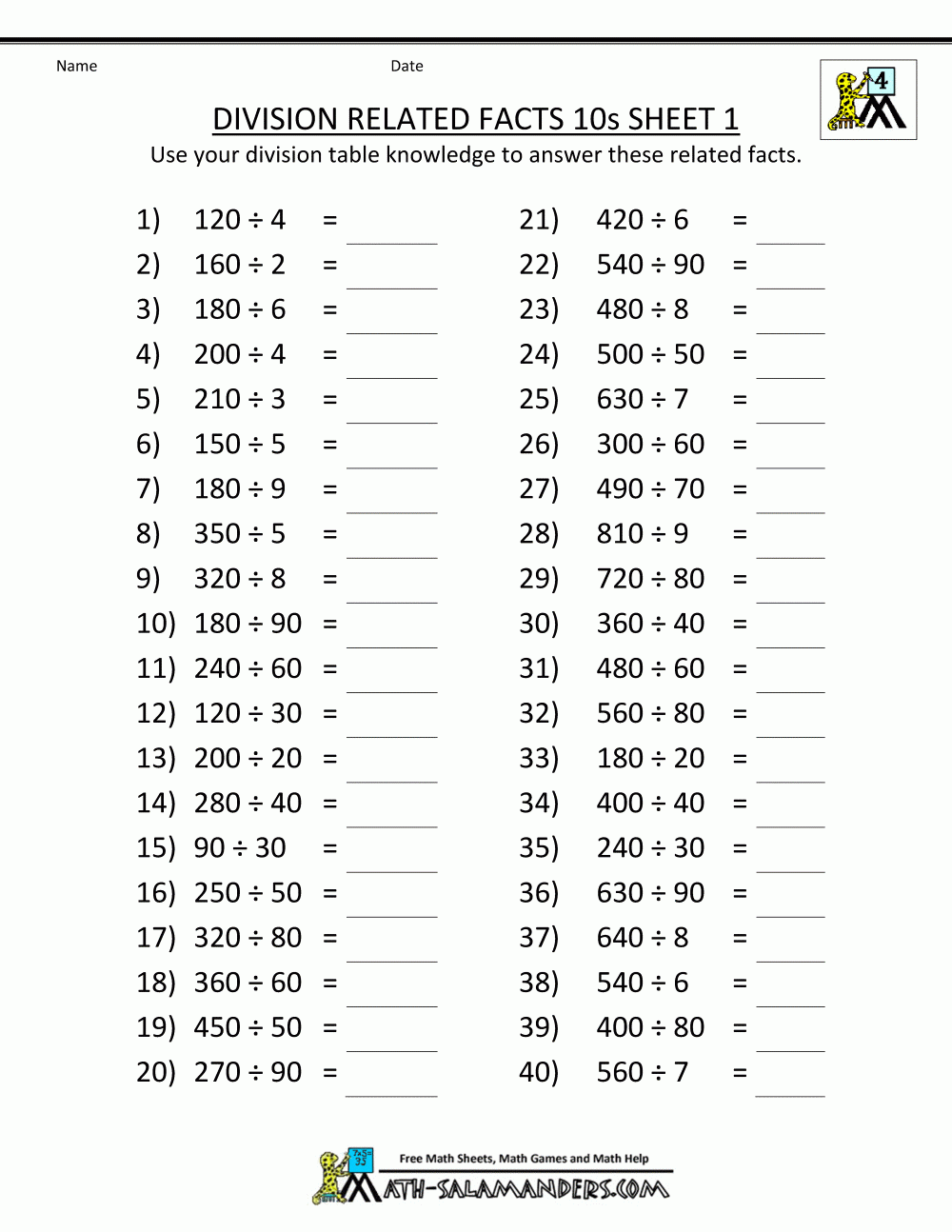 Fourth Grade Division Math Printable Worksheet Edumonitor Printable 