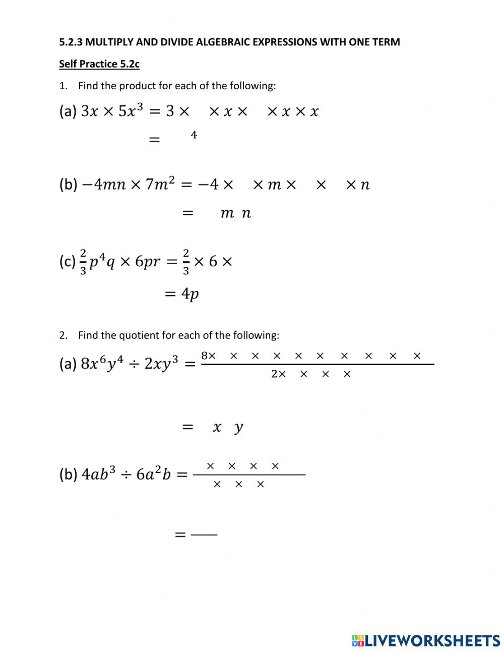 Free 10 Sample Algebraic Multiplication Worksheet Templates In Pdf