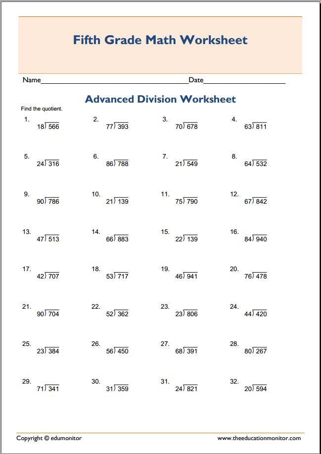 Free 5th Grade Division Math Worksheets For Kids