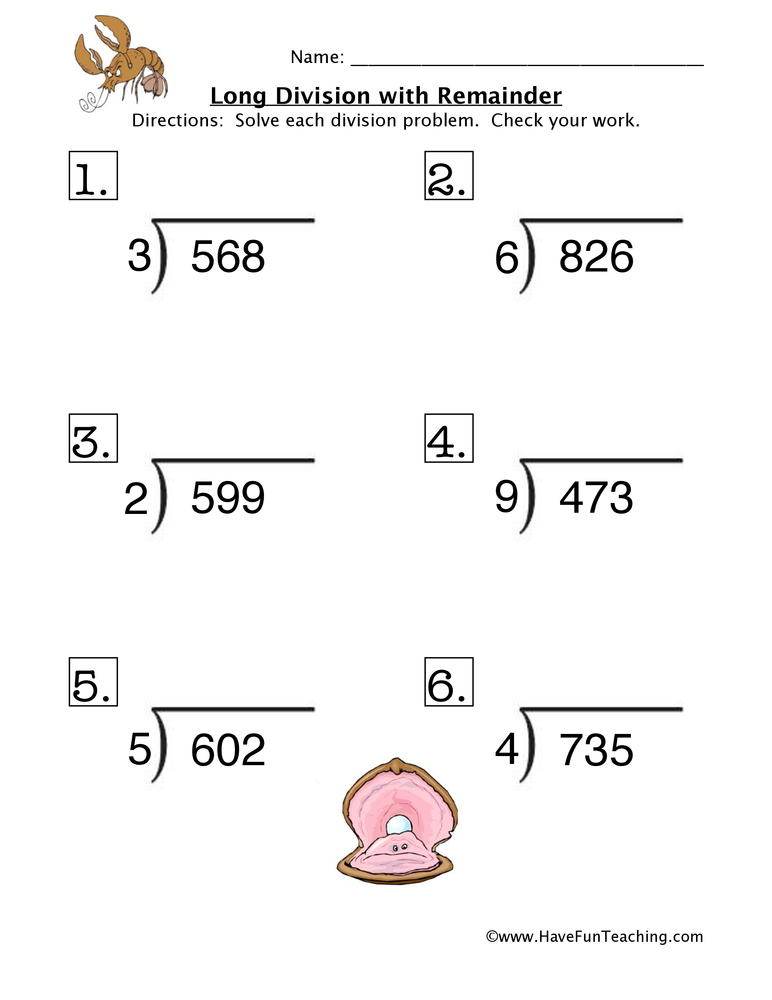 Fun And Engaging Math Long Division Remainder Worksheet 1 2 For Your 