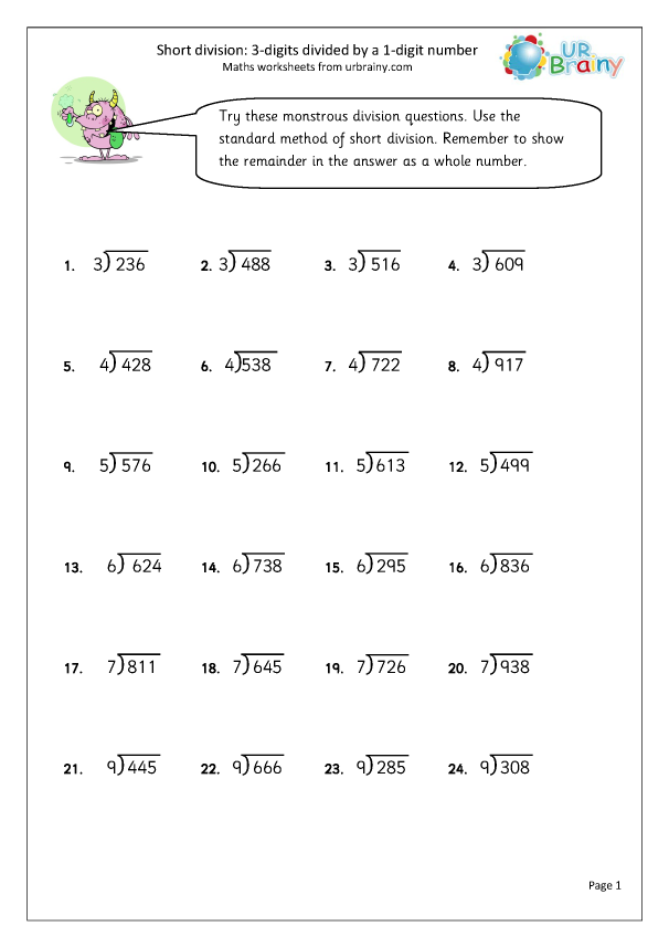 Long Division One Digit Divisor And A One Digit Quotient Division By 