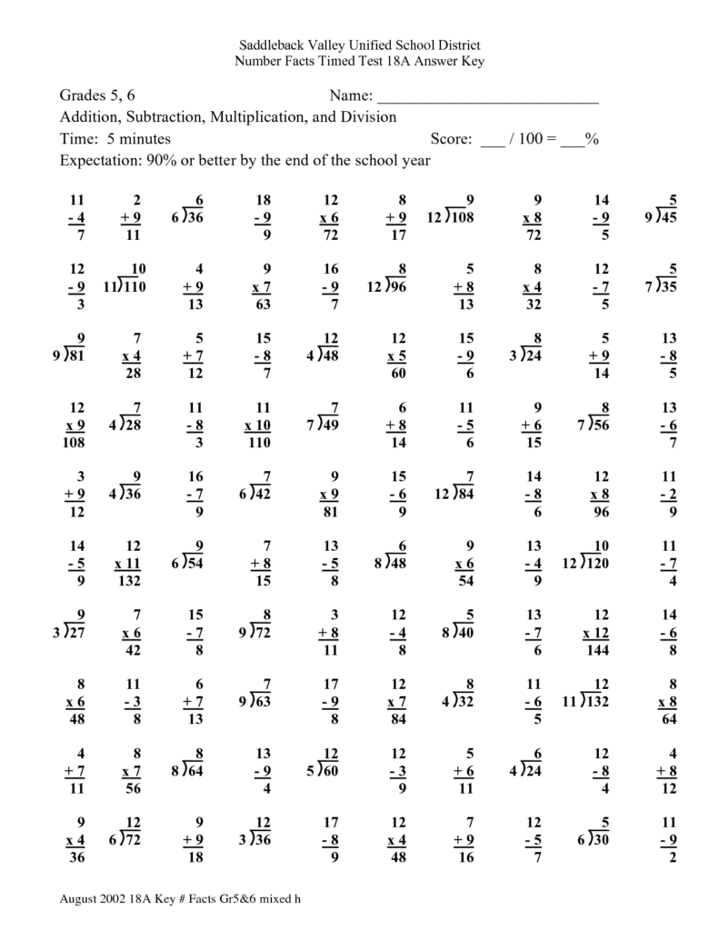 Math Multiplication Division Addition Subtraction Worksheets 