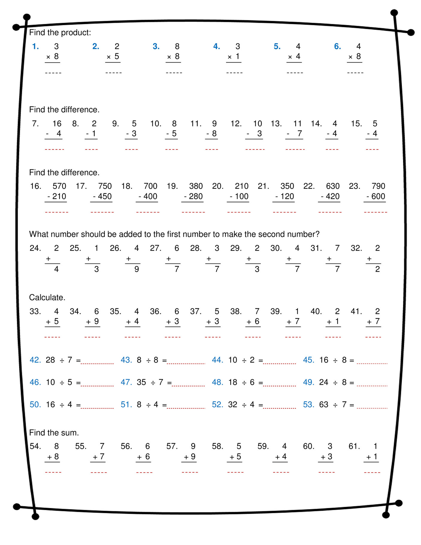 Ninalazina Addition Subtraction Multiplication Division Worksheets