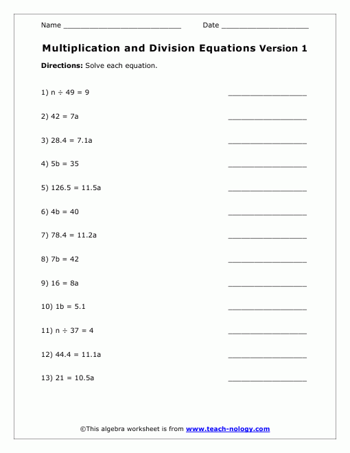 Solving Equations Using Multiplication And Division Worksheets 