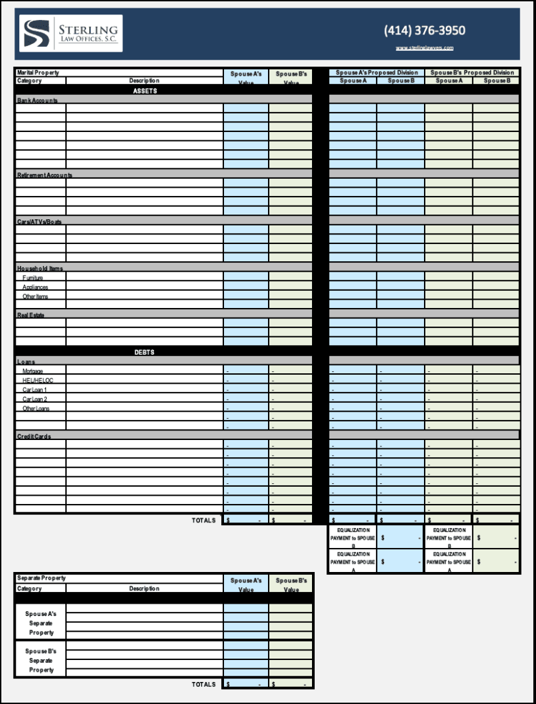 Splitting Assets Worksheet For Divorce In Wisconsin Sterling Law 