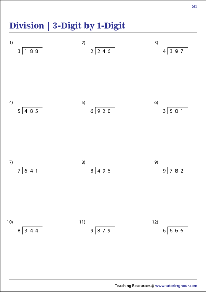 Three Digit Division No Remainders Math Worksheets 3 Digit By 1 Digit Division Worksheets 