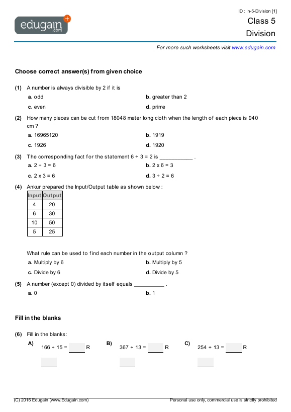 Year 5 Division Math Practice Questions Tests Worksheets 